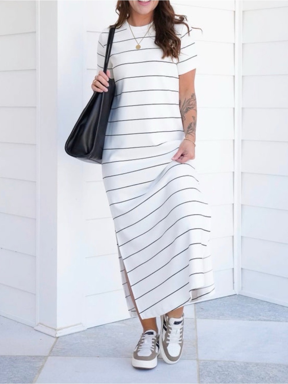 Striped White Maxi Tee Dress with Short Sleeves